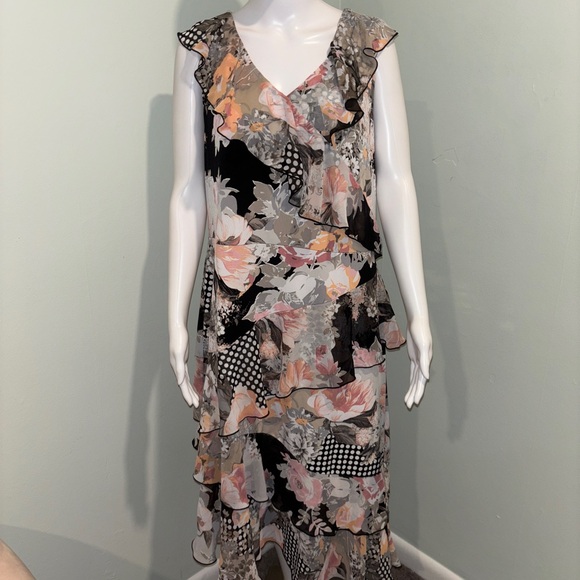 Susan Graver Black and Pink Ruffled Floral Patchwork Maxi Dress - L - Picture 1 of 7